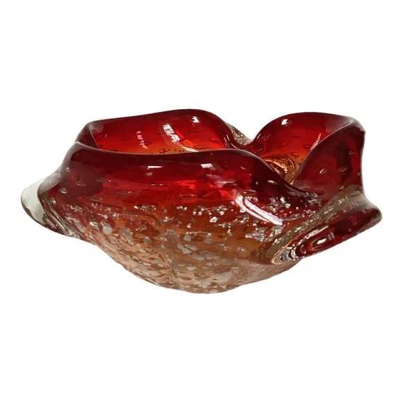 Murano Venetian Art Glass Bowl Hand Blown Red And Gold Flecks Italy MCM Vintage - Picture 2 of 16